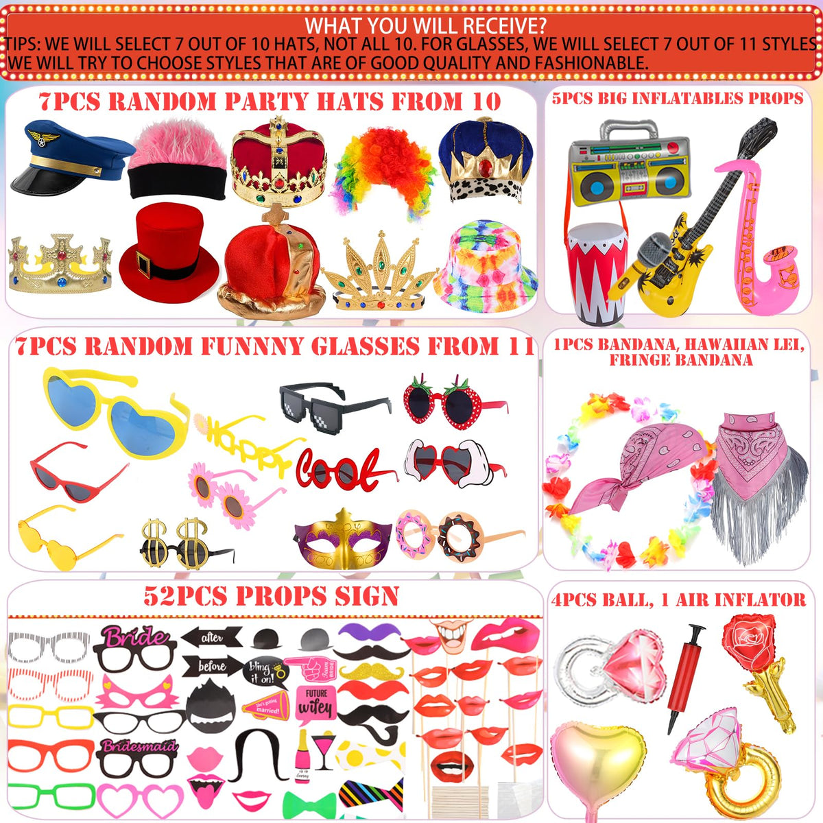 Bulk Opulent Photo Booth Props Set for Adult, Novelty Funny Hats and Glasses, Colorful Wig