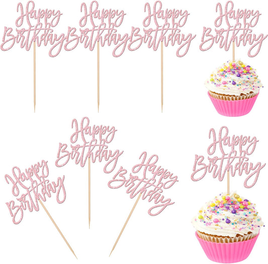 24 PCS Happy Birthday Cupcake Toppers Glitter Picks for Celebrating Anniversary Theme Party Cake