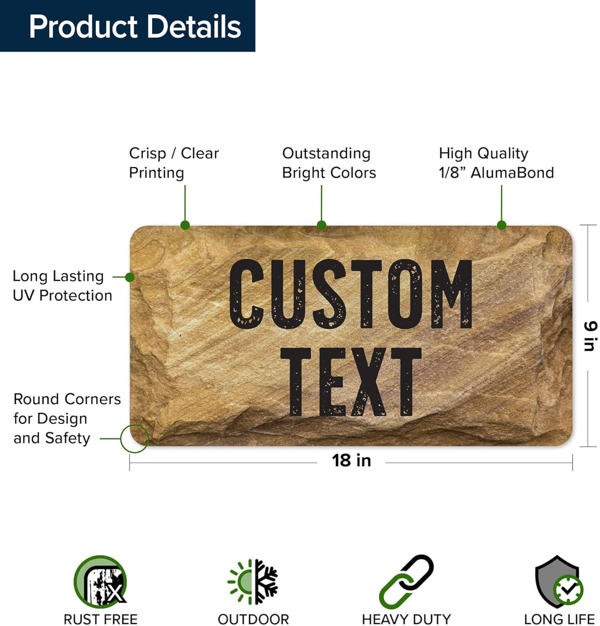 Custom Sign, Custom Street Sign, 11 Font Colors, 13 Font Styles, 4 Hole Options, 22 Sizes, 9x18
