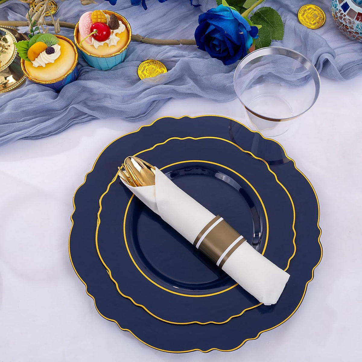 Liacere 350PCS Navy Blue Plastic Plates-Disposable Blue Gold Plates 50guest Plastic Dinnerware