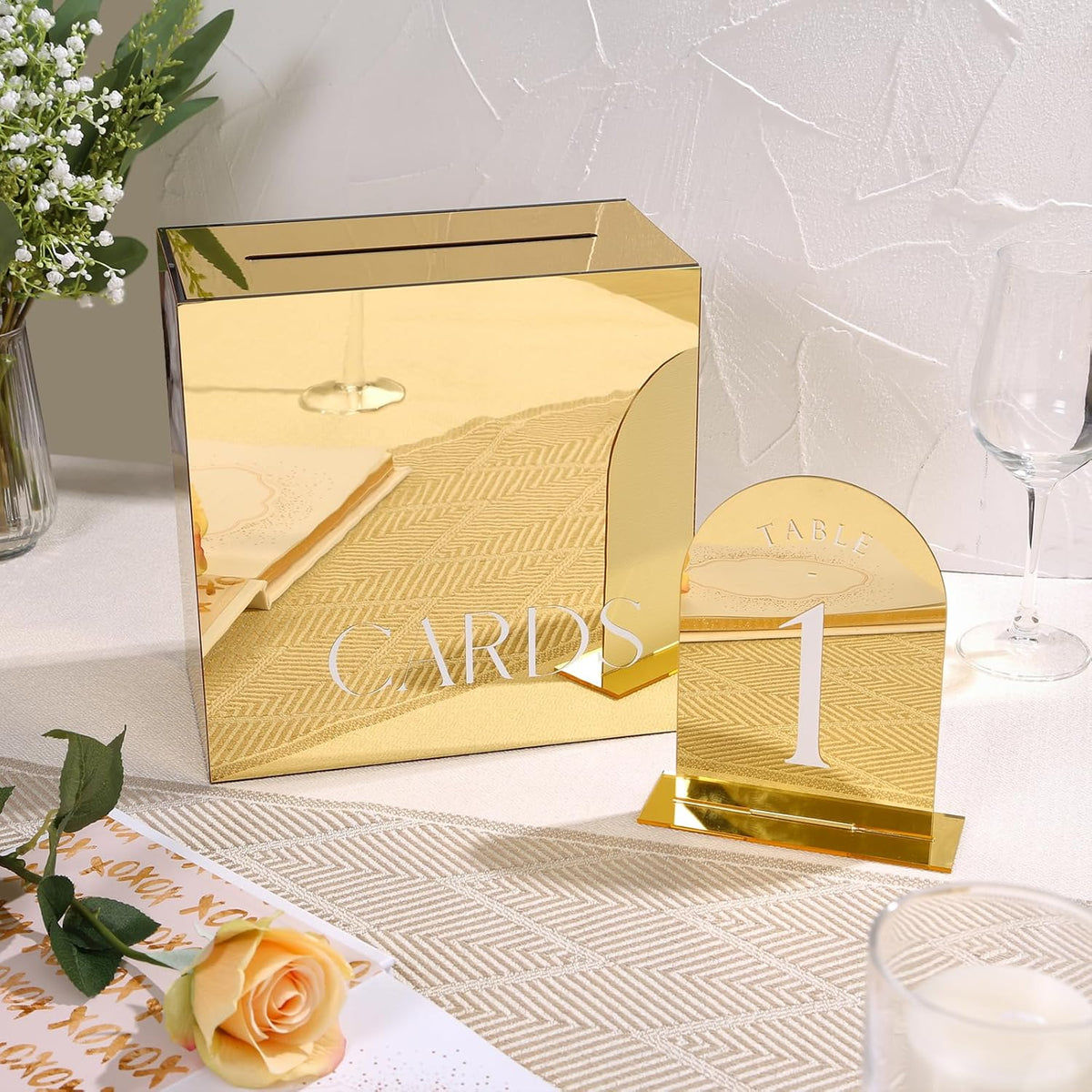 UNIQOOO Gold Mirror Arch Wedding Table Numbers with Stands 1-20, 5x7 Acrylic Display Signs and