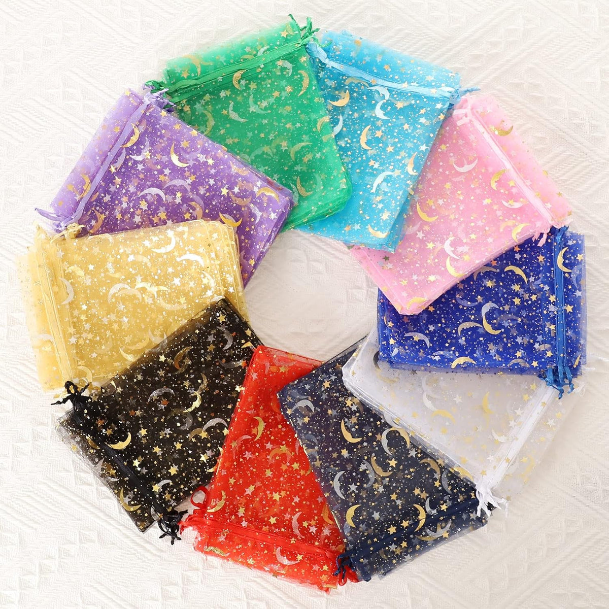 100PCS Moon Star Organza Bags, 4x6" Wedding Favors Bags with Drawstring, Mixed Color Little Mesh