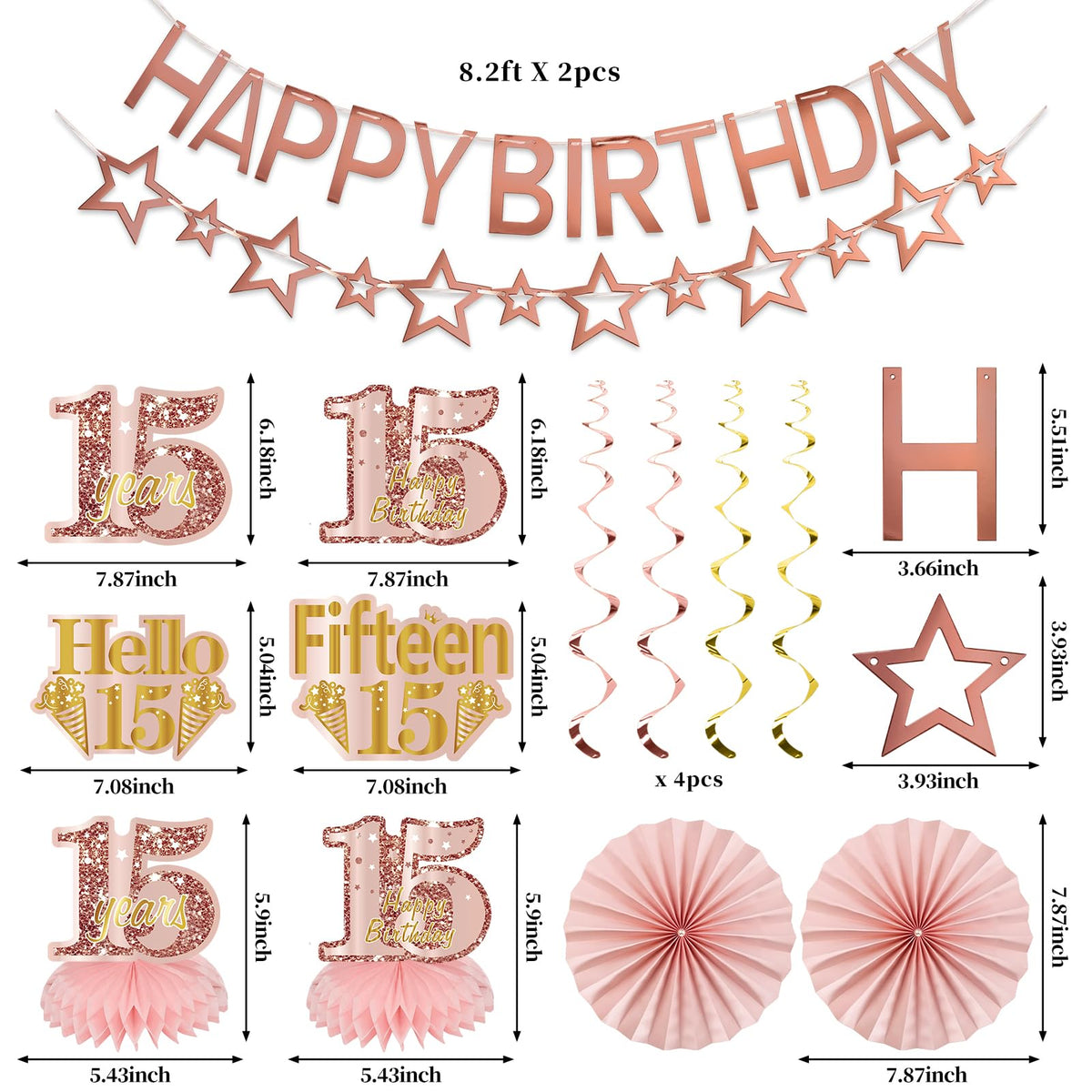 Turypaty Happy 15th Birthday Decorations Kit Girls, Pink 15 Party Supplies