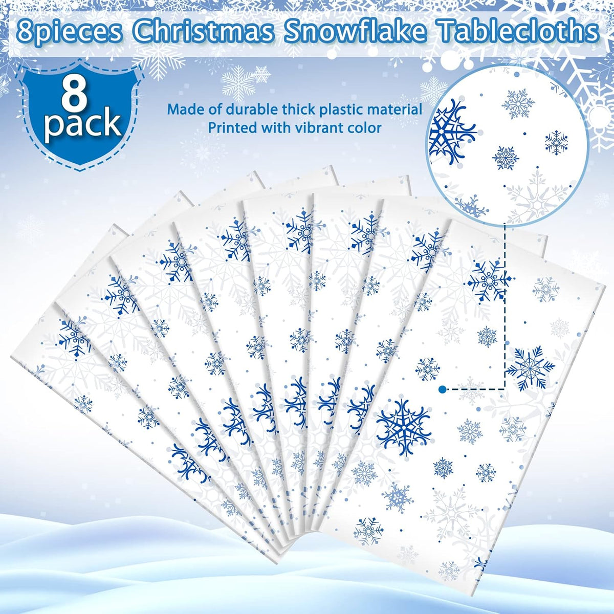 8 Pieces Snowflake Christmas Party Tablecloth Decorations,Plastic White Snowflake White Blue Xmas