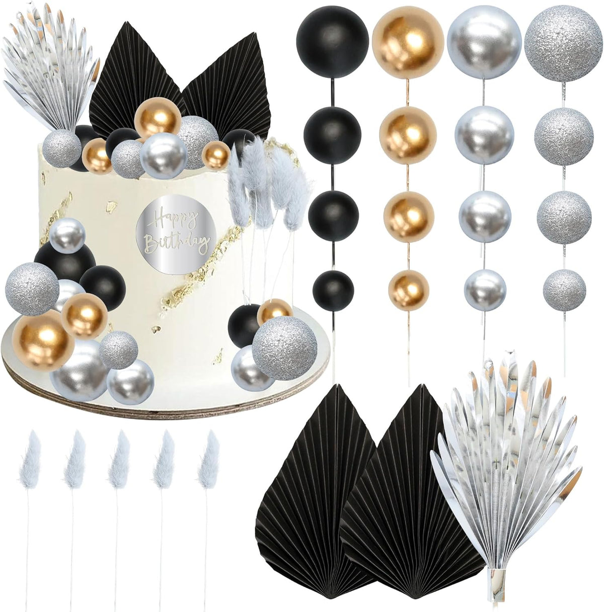 Ephlyn 33 Pack Balls Cake Toppers Boho Palm Leaves Cake Decorations Round Acrylic Happy Birthday