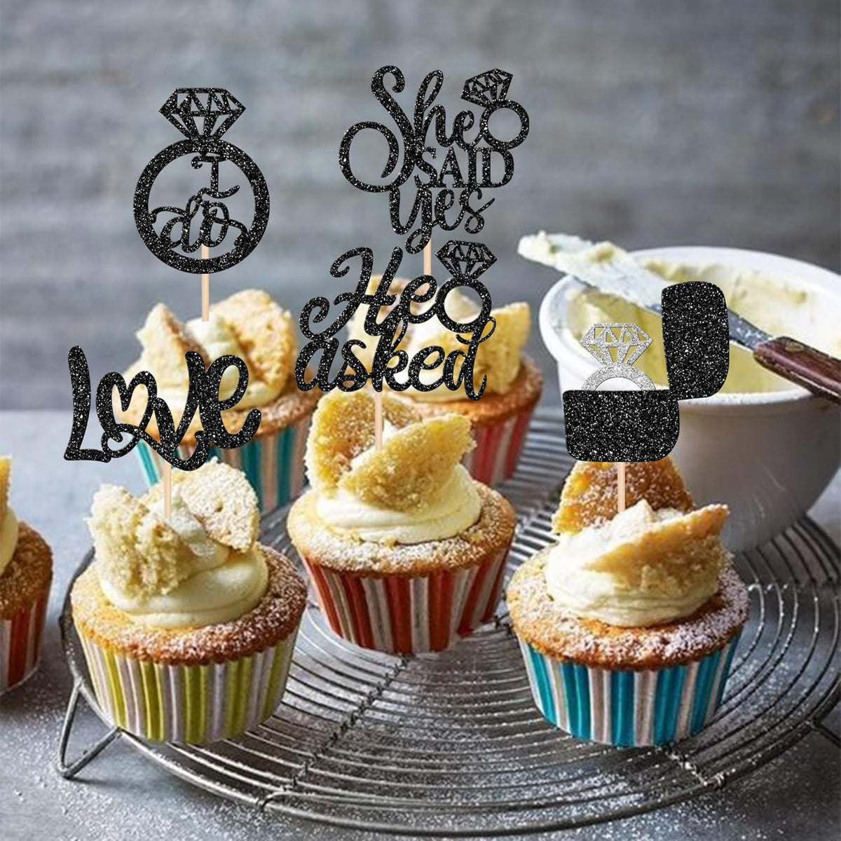 30 PCS He Asked She Said Yes Cupcake Toppers Love I Do Diamond Ring Cupcake Picks for Wedding