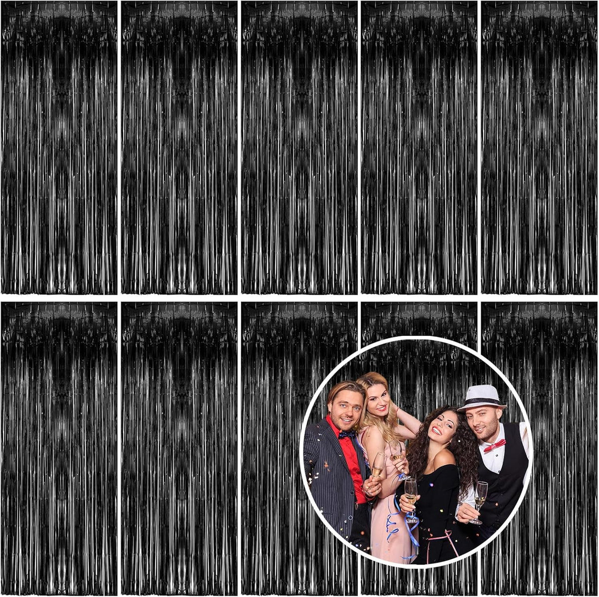 10 Pack Foil Curtain Backdrop Black Metallic Tinsel Foil Fringe Curtains Photo Booth Props for