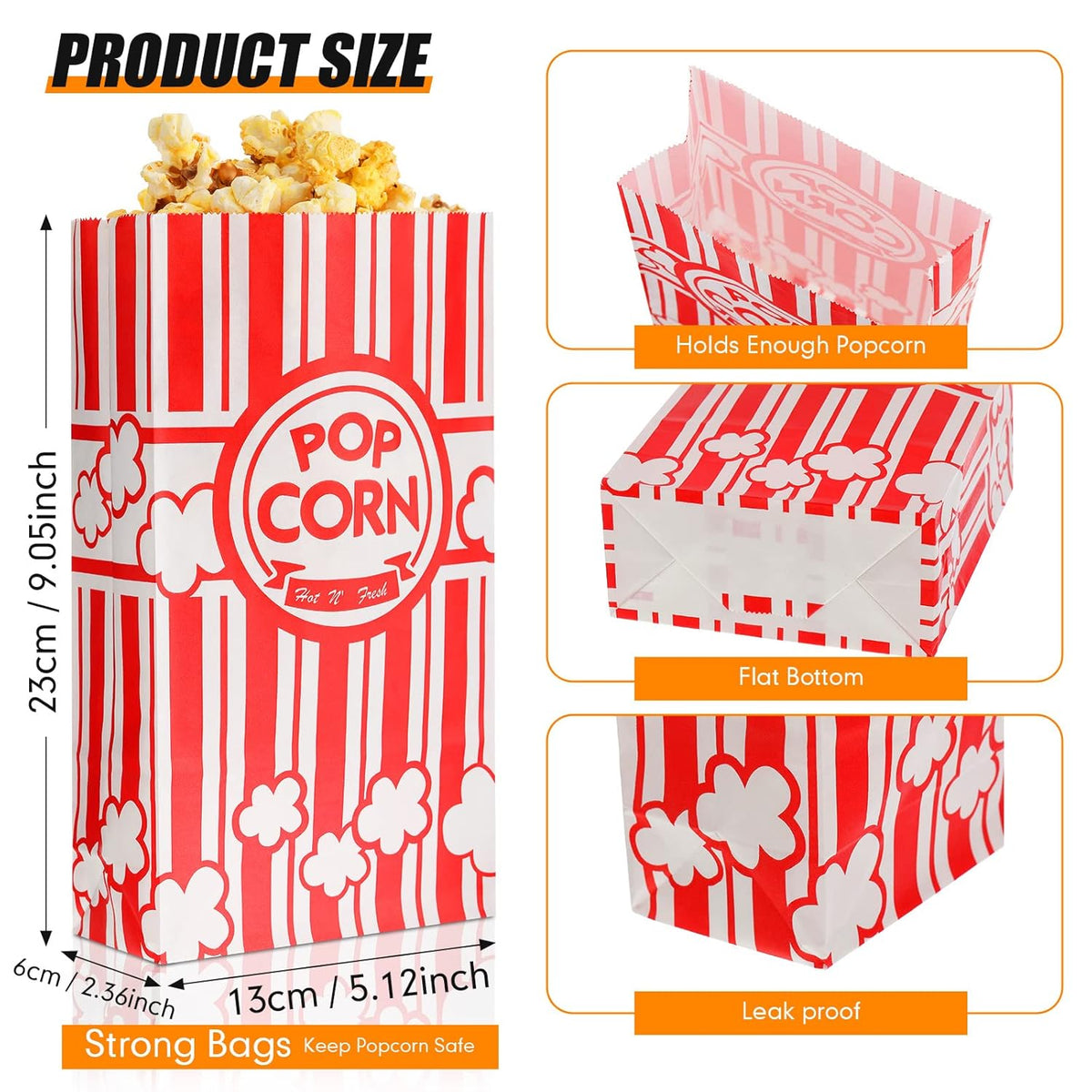 500 Pcs Paper Popcorn Bags Bulk 2 oz Large Flat Bottom Boxes Red and White Disposable Container