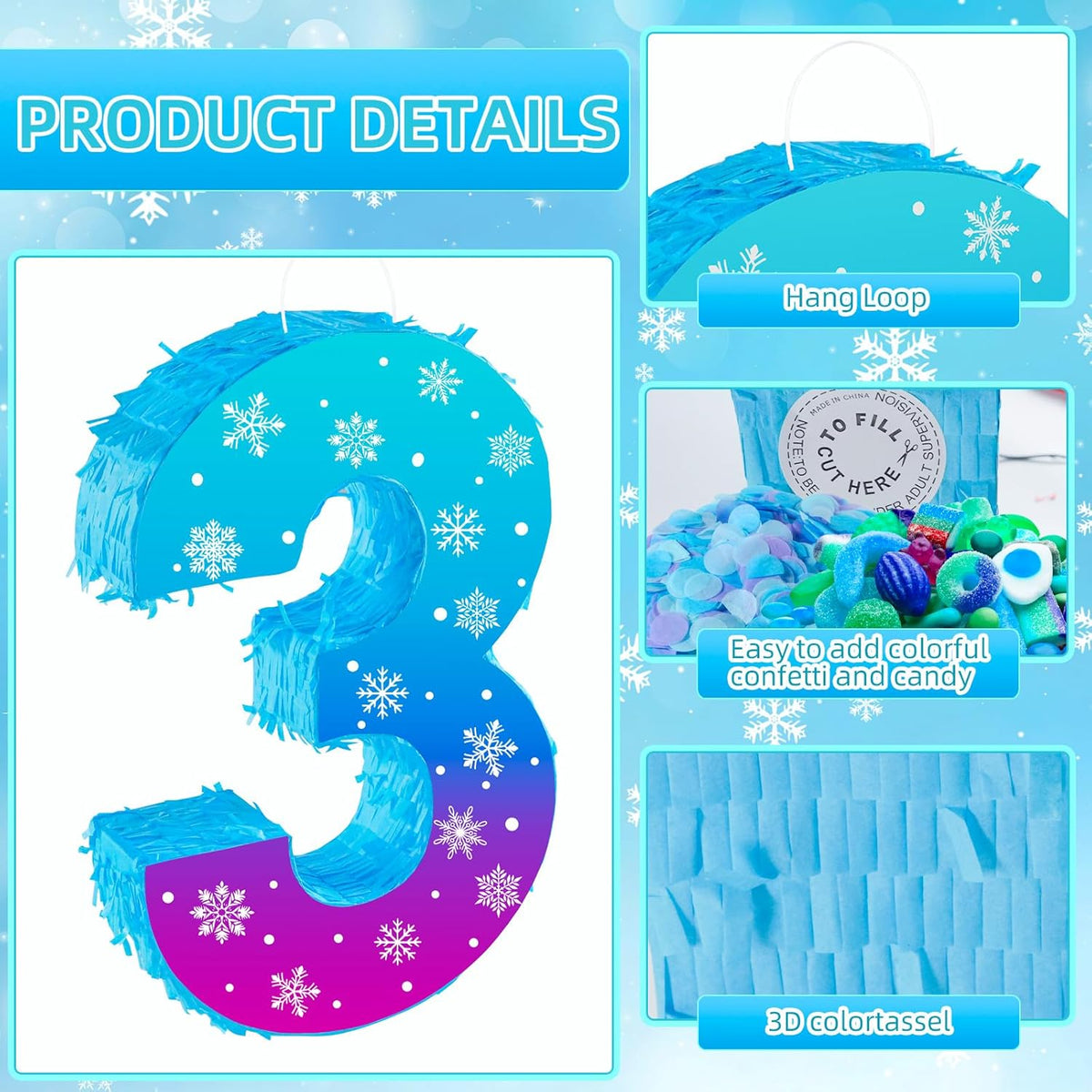 Snowflake Birthday Decorations, Winter Ice Snowflake Number 3 Pinata with Stick Blindfold and