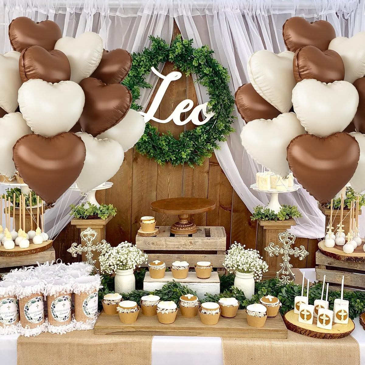 Sand White Brown Heart Balloons,12Pcs 18Inch Cream White Coffee Brown Heart Shaped Foil Helium