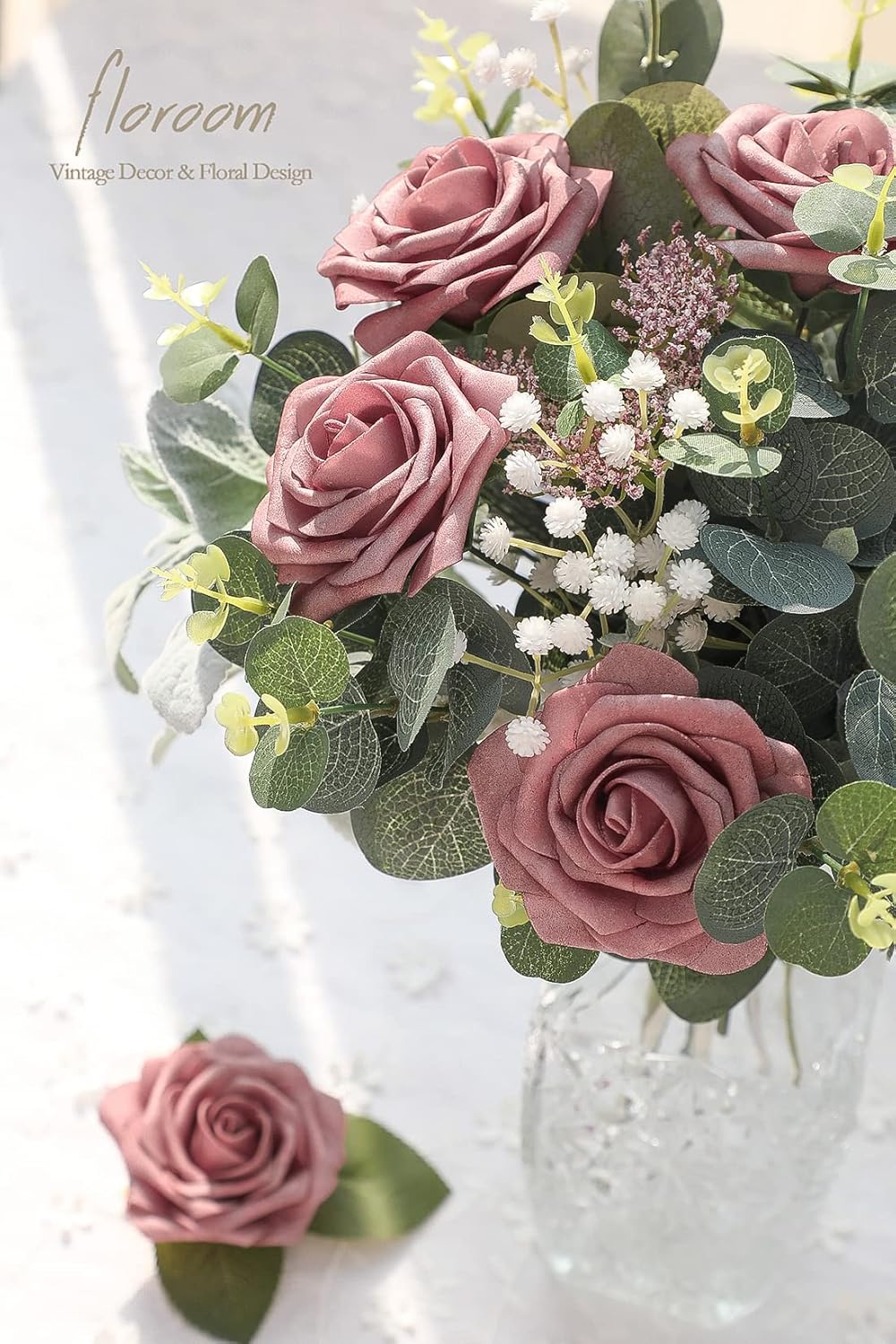 Floroom Artificial Flowers 25pcs Real Looking Dusty Rose Foam Fake Roses with Stems for DIY Wedding