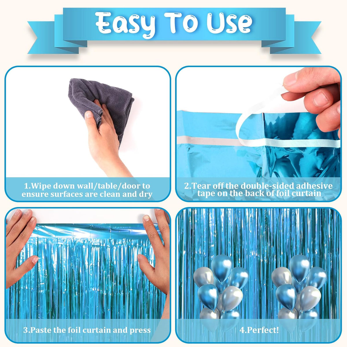 2 Pack Retro Blue Foil Fringe Backdrop Curtains, Tinsel Streamers Party Decorations, Fringe