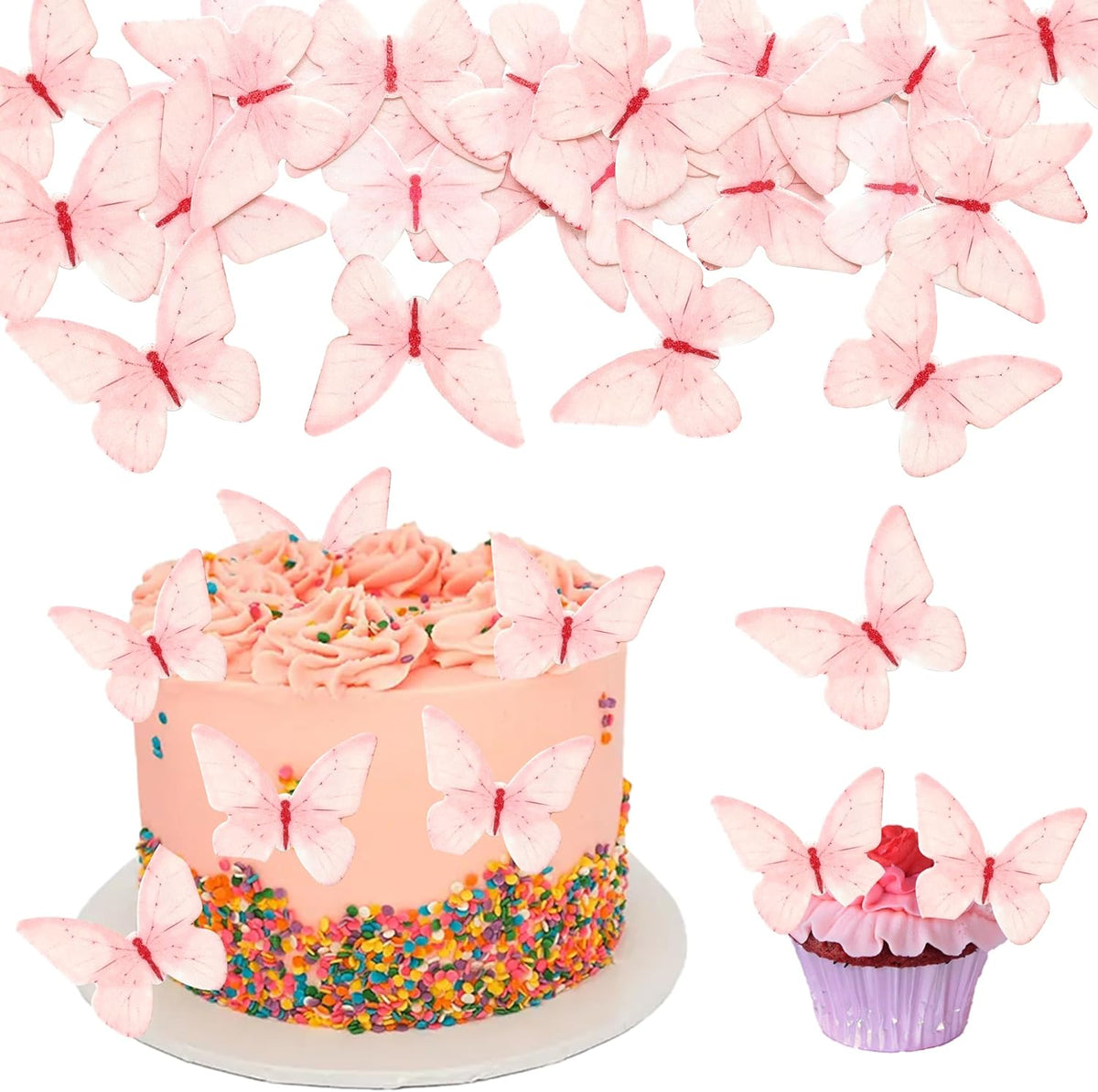 Ephlyn 48Pcs Edible Butterfly Cupcake Toppers Butterfly Cupcake Picks Edible Spring Cupcake