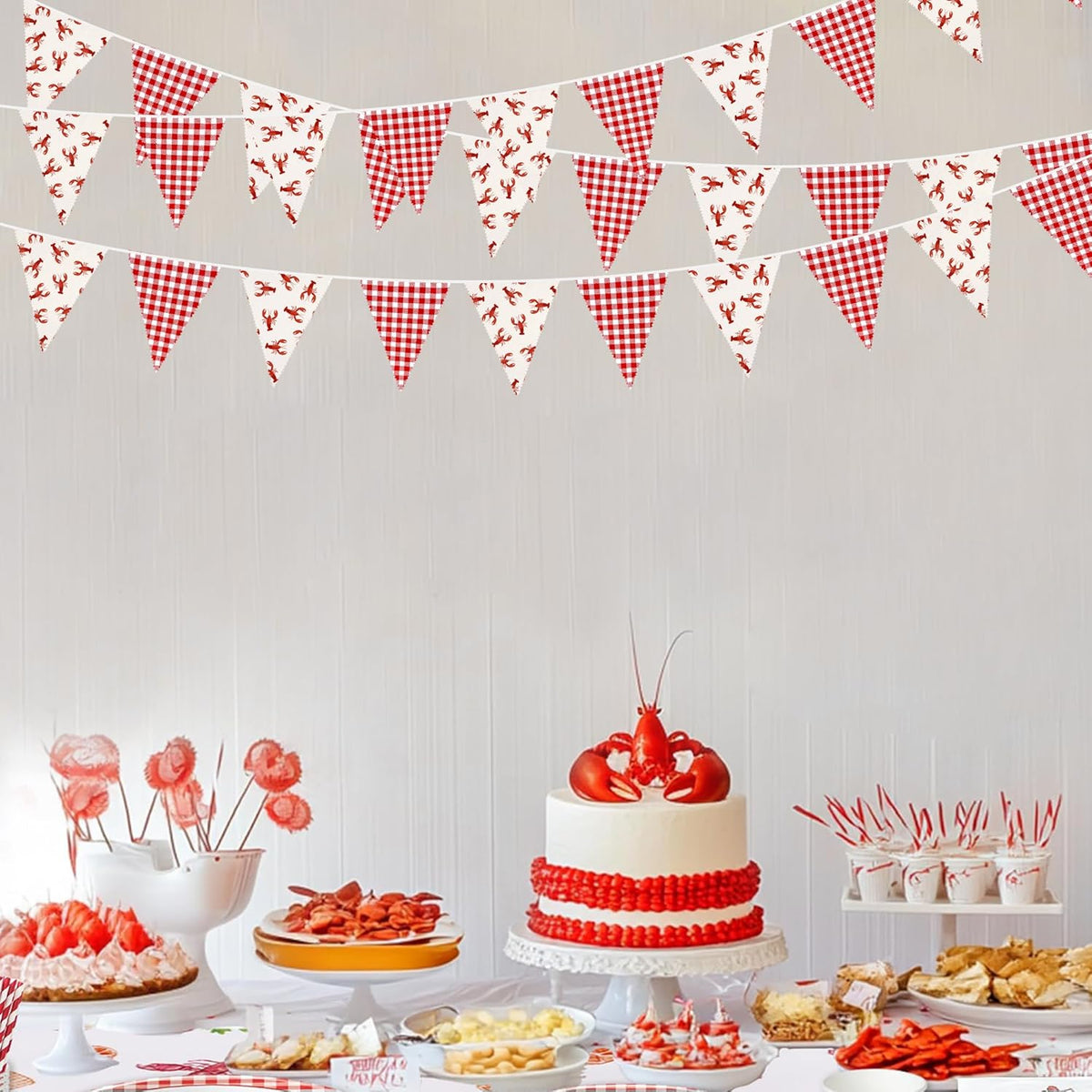 32Ft Crawfish Party Decorations Red Buffalo Plaid Crawfish Pennant Banner Fabric Triangle Flag