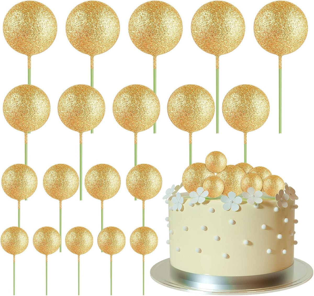 ASTARON 20 Pcs Mini Balloons Cake Topper Sticks - Glitter Gold Ball Picks for Christmas Birthday