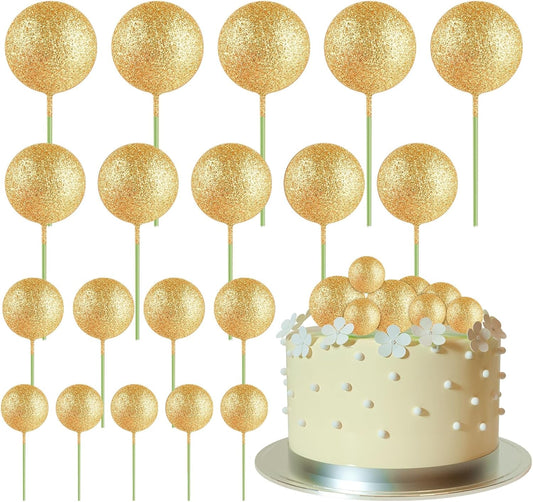 ASTARON 20 Pcs Mini Balloons Cake Topper Sticks - Glitter Gold Ball Picks for Christmas Birthday