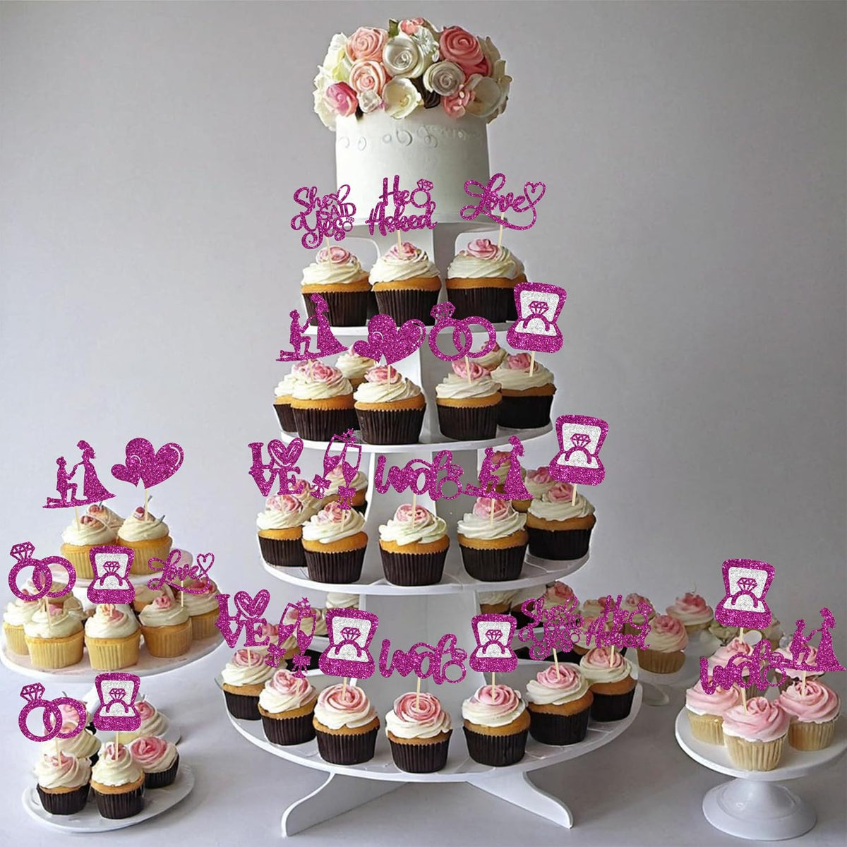 Ephlyn 30Pcs He Asked She Said Yes Cupcake Toppers Glitter Engagement Cupcake Toppers Diamond Ring