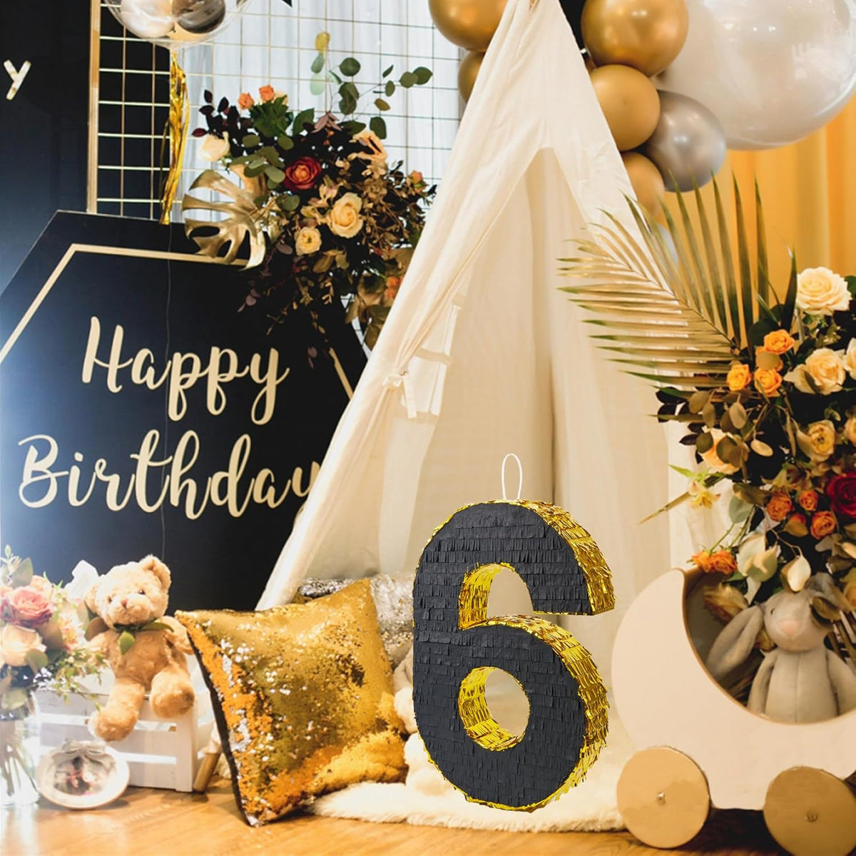 PCFING 20 Inch Number 6 Piñata Gold Black with 30 Inch Piñata Stick Blindfold Confetti for Man