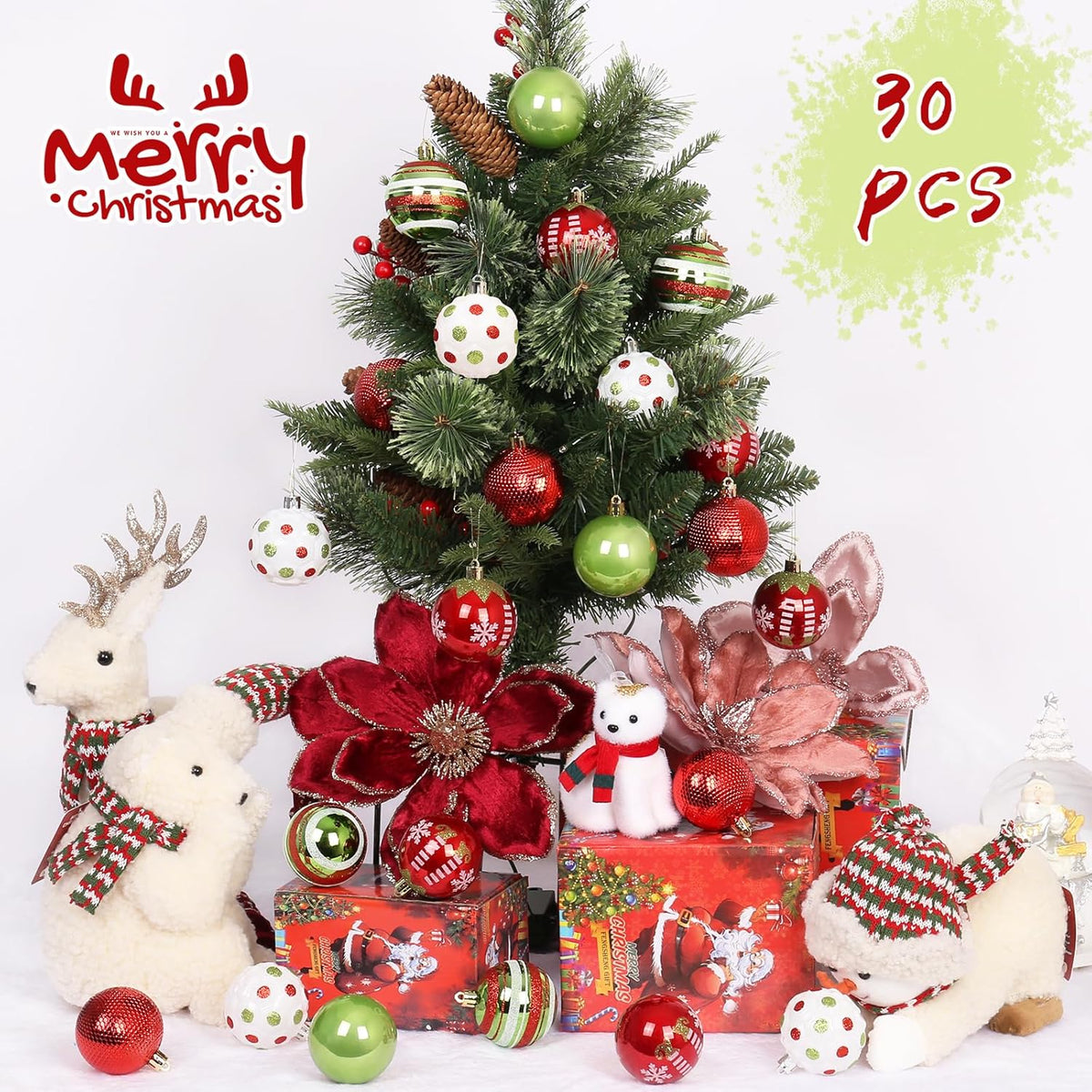 RoseCraft 30PCS Christmas Ornaments Set, 60MM/2.36" Red Green White Christmas Balls, Shatterproof