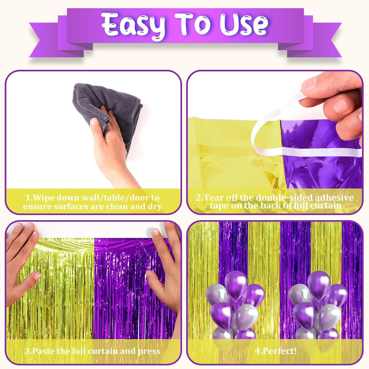 2 Pack Purple and Gold Foil Fringe Backdrop Curtains, Tinsel Streamers Party Decorations, Fringe