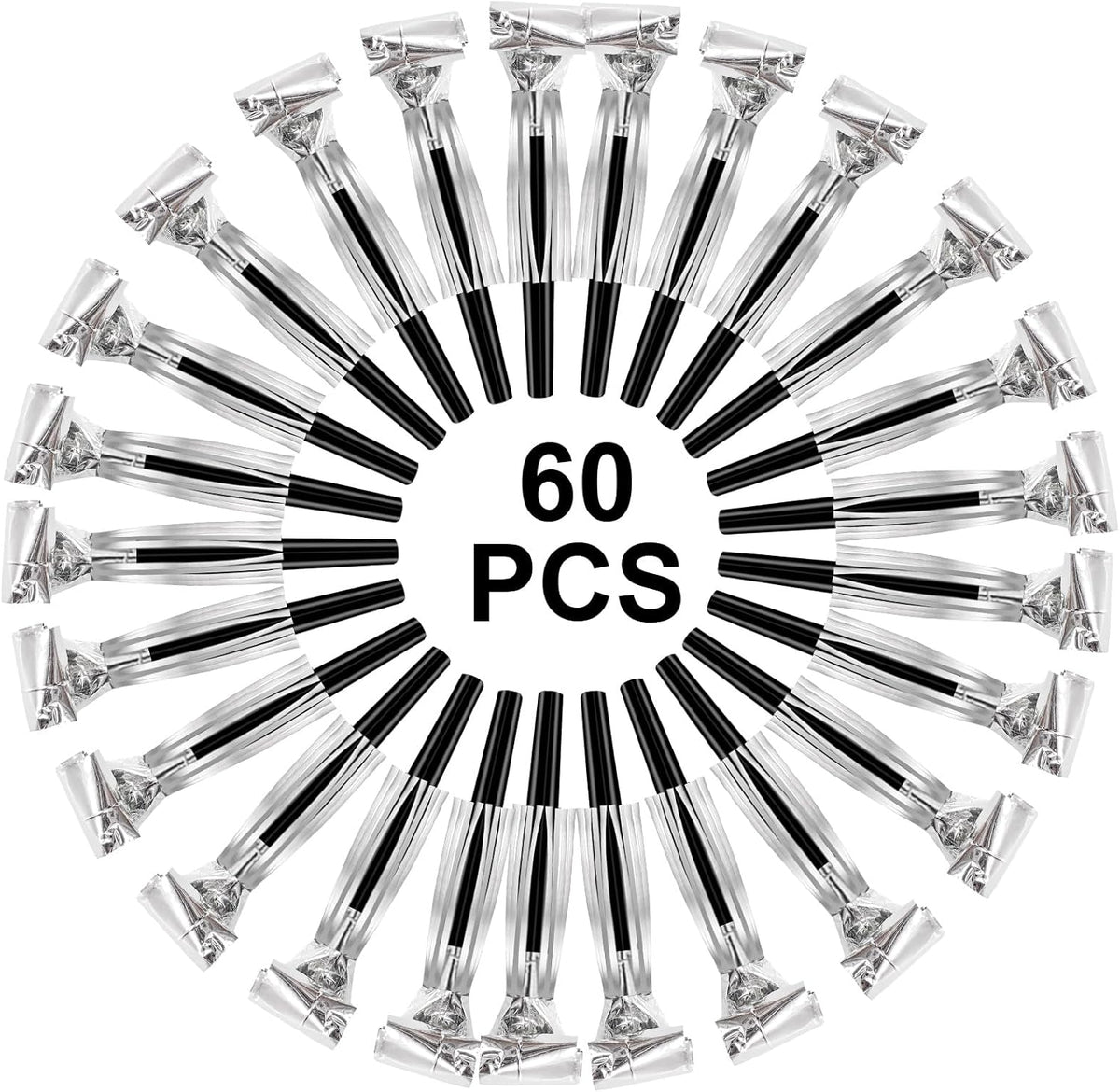 60 Packs Silver Noise Makers, Metallic Fringed Party Blowers, Horns Musical Blowouts Whistles for