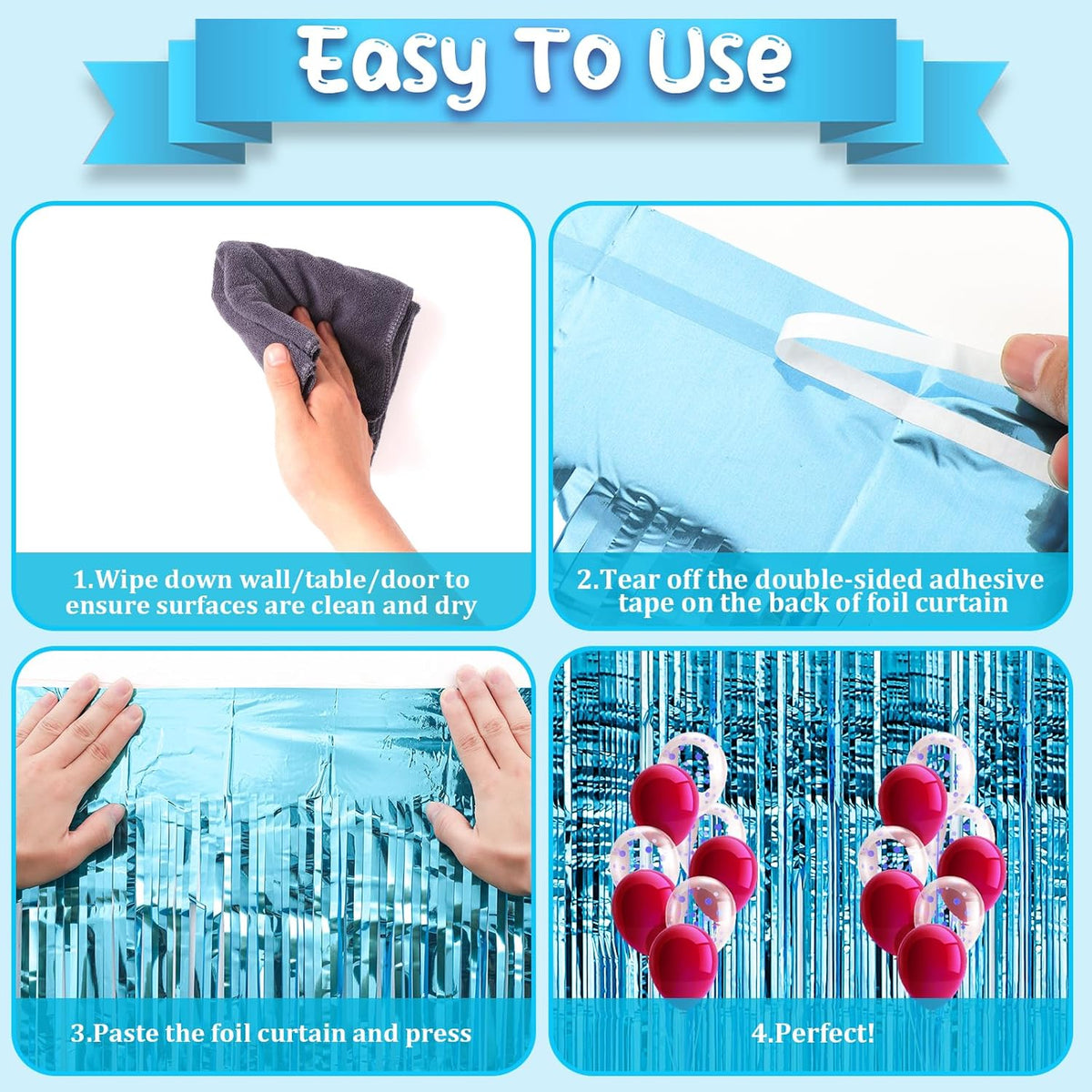 2 Pack 3.3x8.2 Feet Light Blue Foil Fringe Backdrop Curtains, Tinsel Streamers Birthday Party