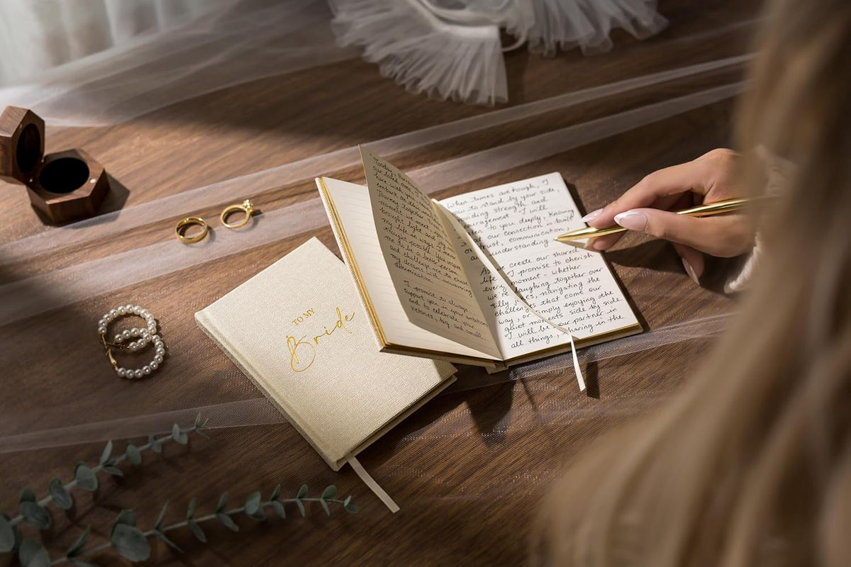 Hard Cover Vow Books (Set of 2) - To My Bride & To My Groom Matching Ivory Pocket Sized Foil