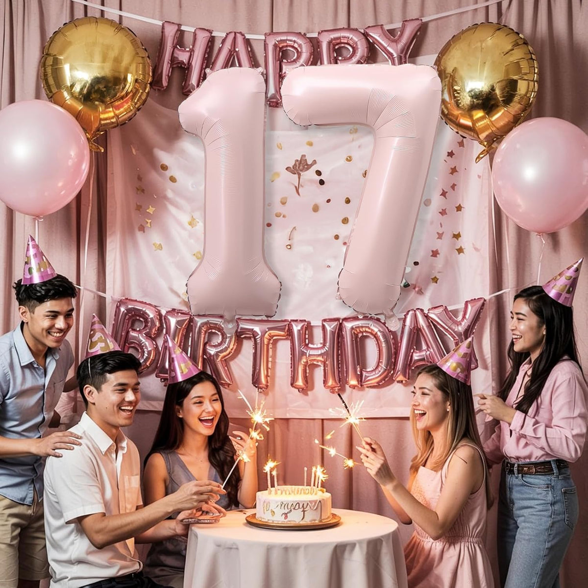 Pastel Pink 17 Balloon Number for Girls, 40'' Self Inflating Number 17 Balloons, Big Light Blush