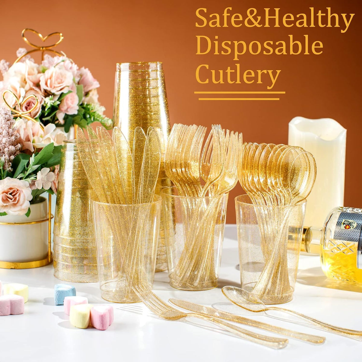 Supernal 300pcs Gold Glitter Plastic Cutlery Disposable Utensils Gold Plastic Silverware Sets