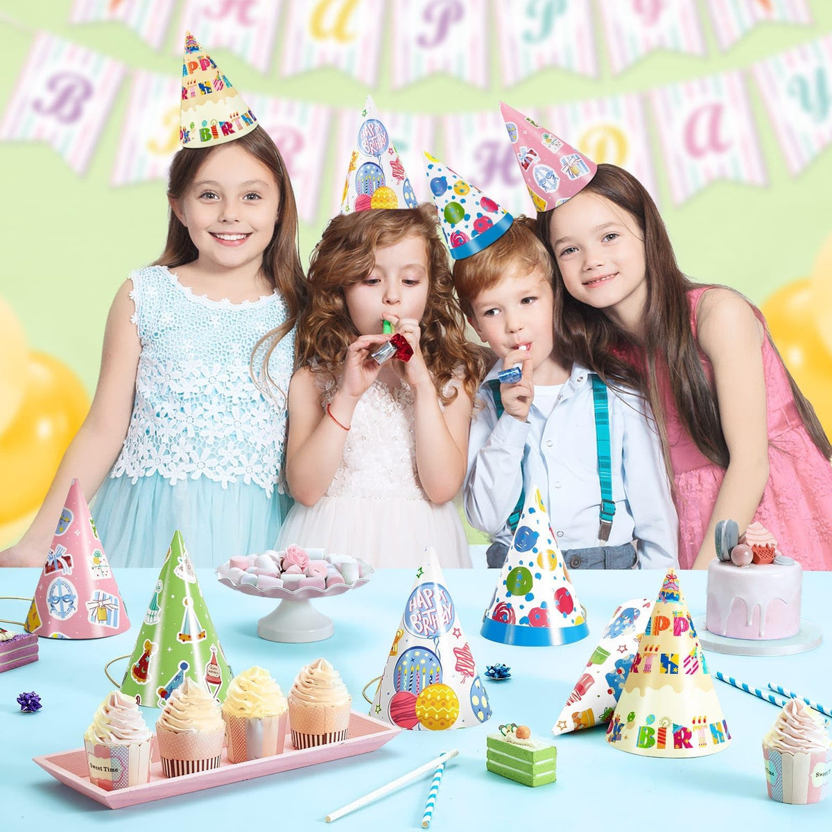 WERNNSAI 12 PCS Birthday Party Hats Colorful Party Headwear for Kids Adults