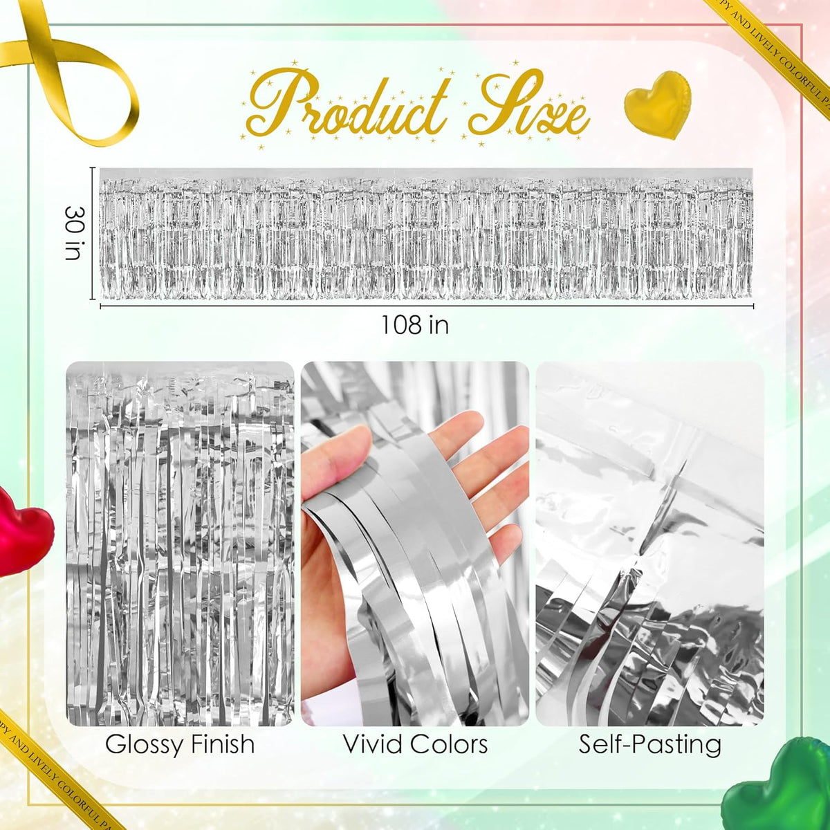 3 Pack Red Green Silver Table Skirts, 29x108" Metallic Foil Tinsel Fringe Table Skirt for Rectangle