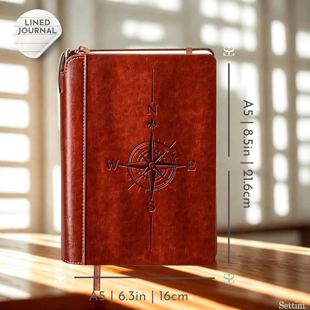 SETTINI® Lined Journal - Compass Journal for Writing Gift Set - Hardcover Vegan Leather, Includes
