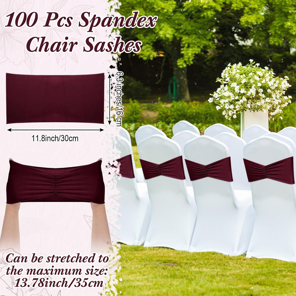 Moukeren 100 Pcs Spandex Chair Sashes Bows Bands Slider Sashes for Chair Covers Elastic Bands Ties