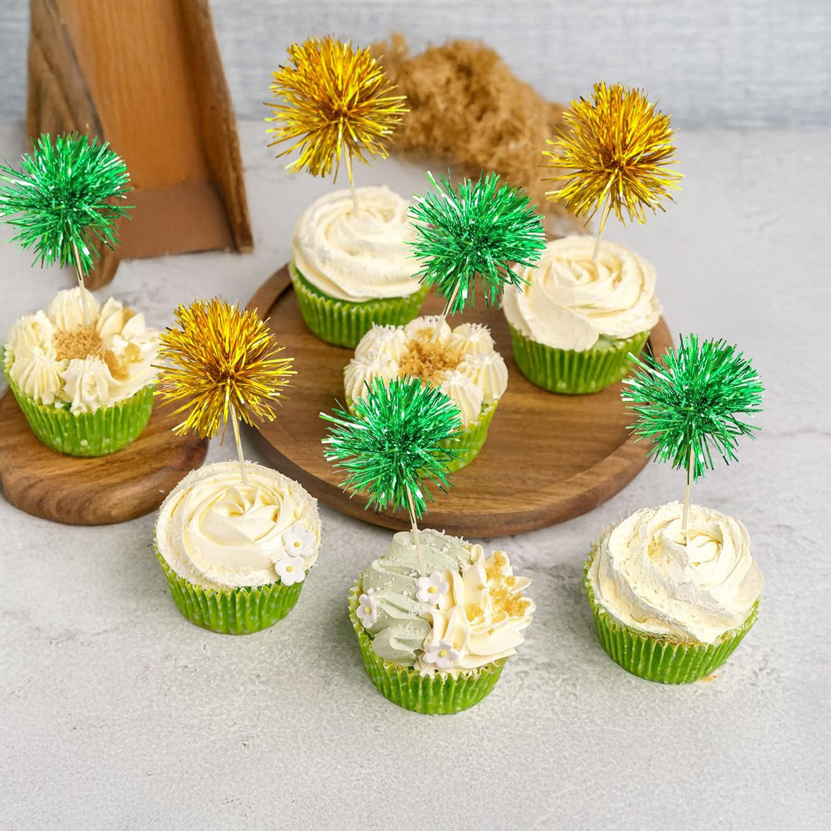 Ephlyn 30Pcs Foil Firework Cupcake Toppers Sparkle Tinsel Cupcake Picks Birthday Cake Decorations