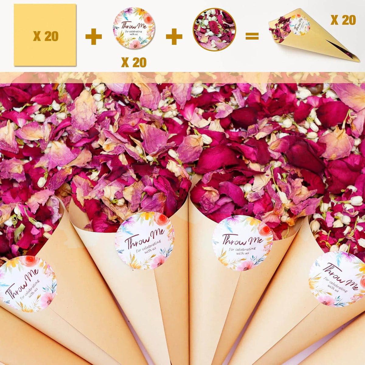 20+ Cups Mix Real Rose Petals Biodegradable Wedding Confetti, 2 QT of Pink Red Flower Jasmine for