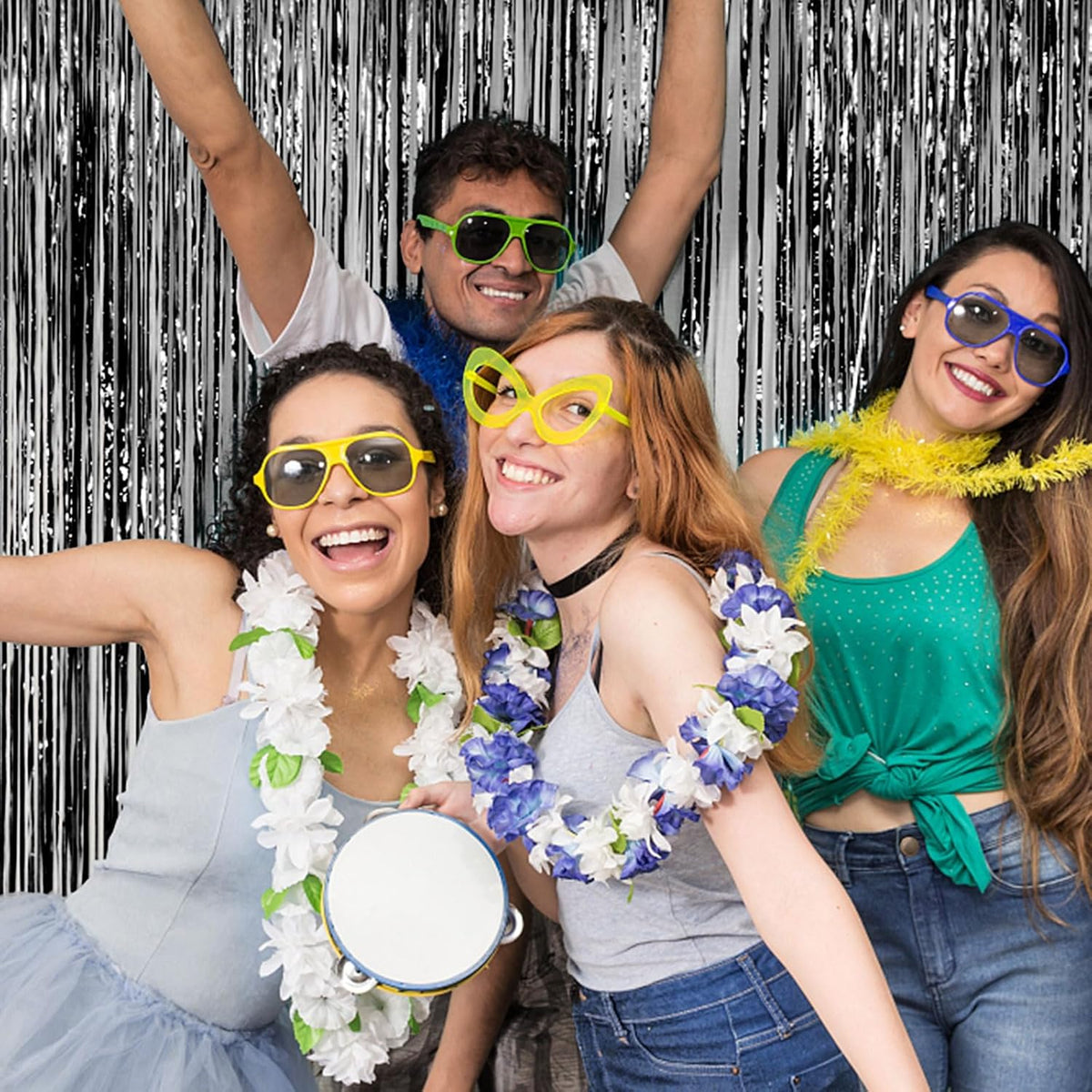 5 Pack Foil Curtain Backdrop Black Metallic Tinsel Foil Fringe Curtains Photo Booth Props for