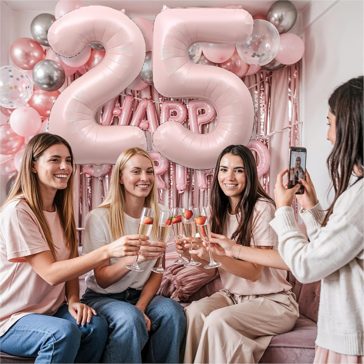 Pastel Pink 25 Balloon Number for Girls, 40'' Self Inflating Number 25 Balloons, Big Light Blush