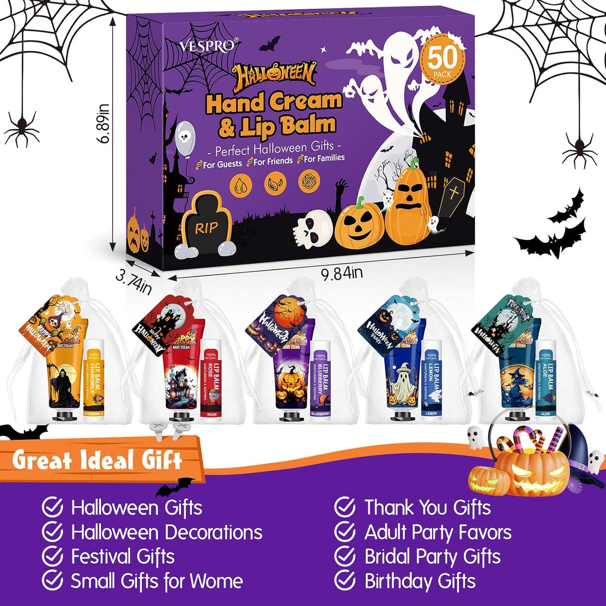 VESPRO 50 Pack Halloween Hand Cream and Lip Balm Set, Bulk Halloween Gifts with Halloween Cards and