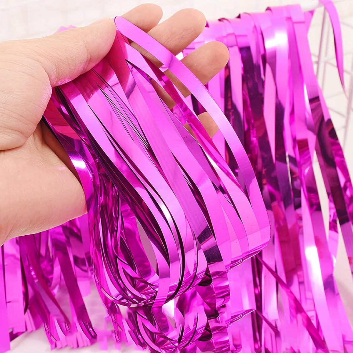 2 Pcs Hot Pink Metallic Tinsel Foil Fringe Curtains Backdrop, 3.28 ft x 6.56 ft Streamers for