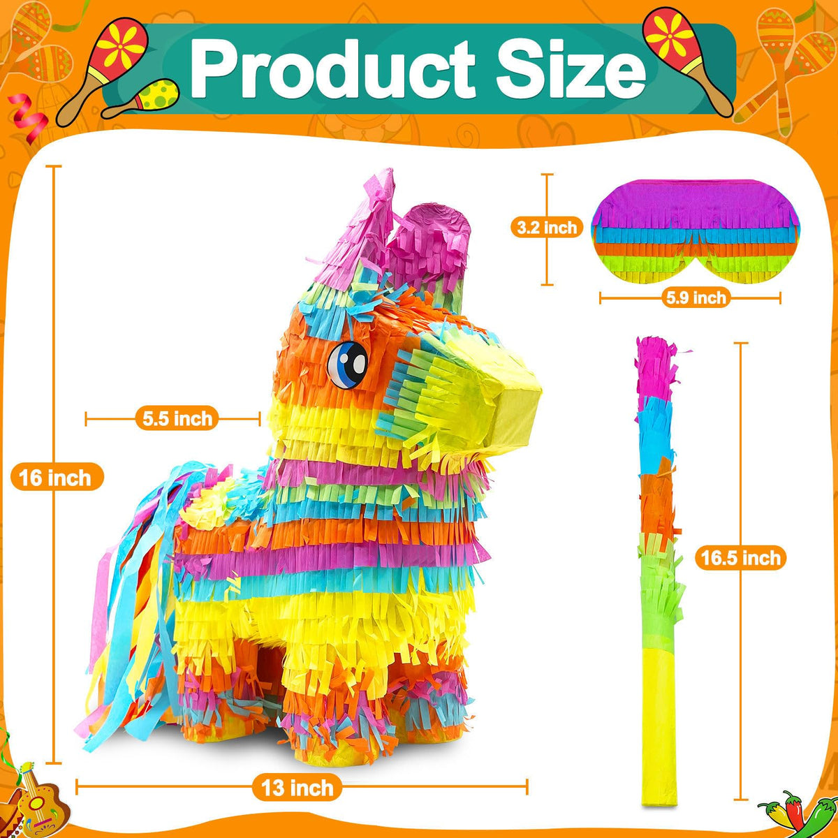16" Cinco de Mayo Pinata, Large Rainbow Color Donkey Pinata 16 x 13 x 5.5 ln with Stick and