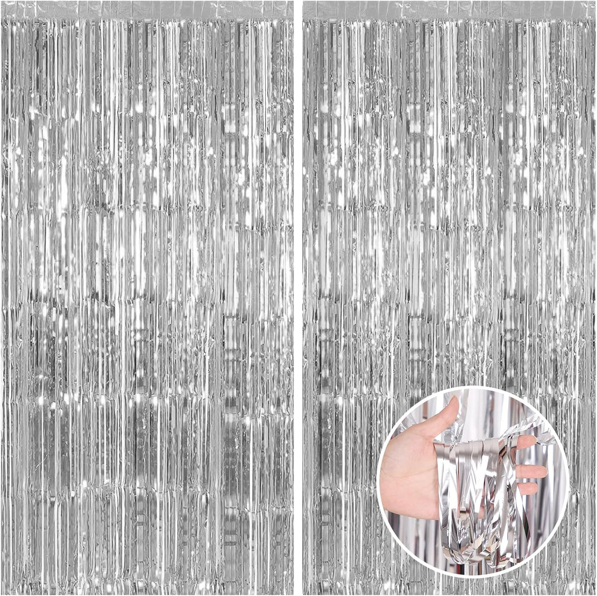 CANREVEL 2 Pack 3.3x8.2 Feet Silver Foil Fringe Backdrop Curtains, Tinsel Streamers Birthday Party