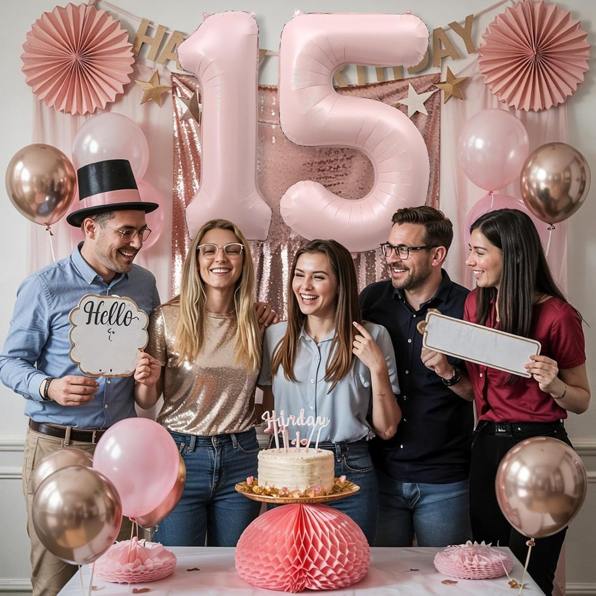 Light Pink Sweet 15th Birthday Balloon for Girls, 40 Inch Self Inflating Mylar Number 15 Balloons