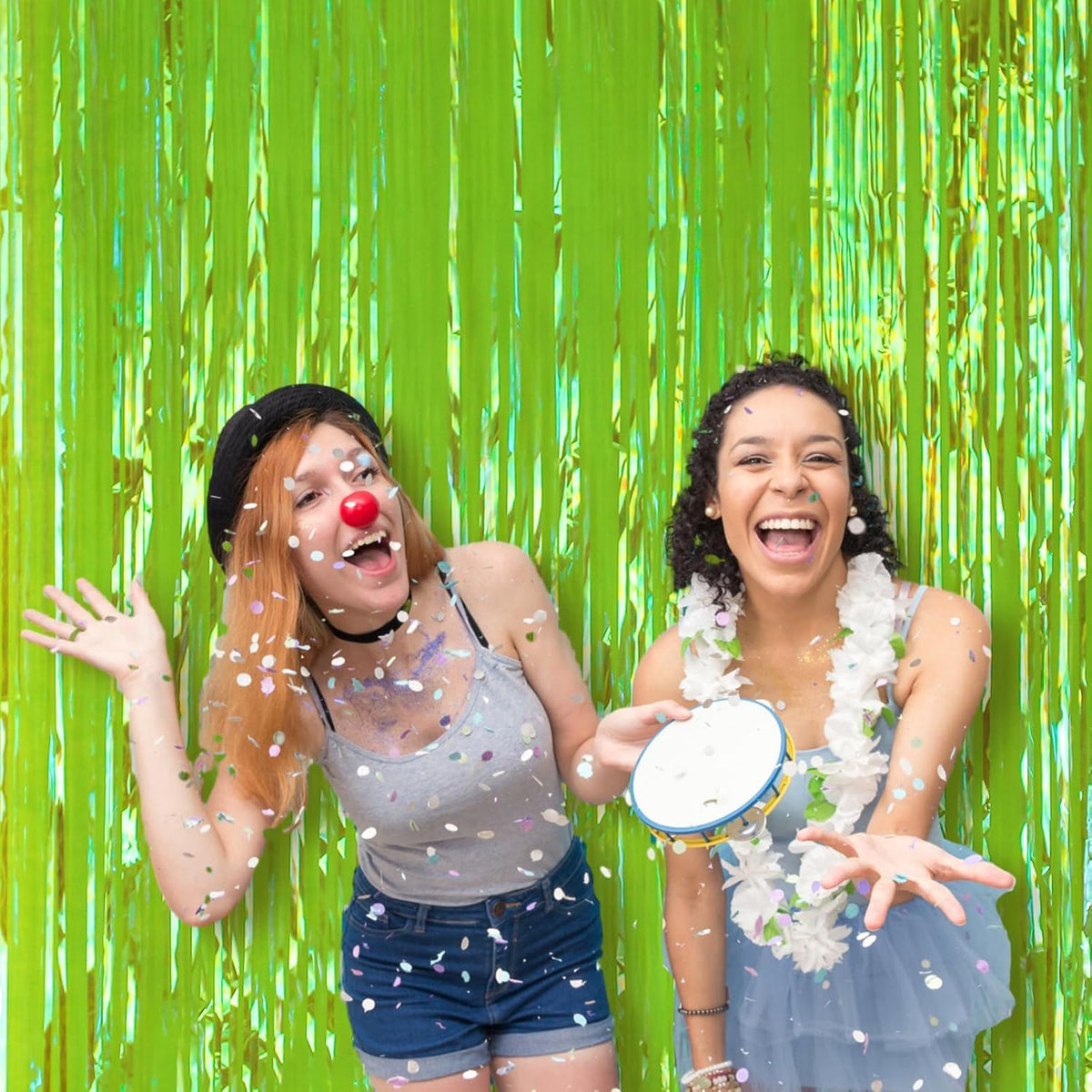 4 Pack 3.3x8.2 Feet Neon Green Foil Fringe Backdrop Curtains, Tinsel Streamers Birthday Party