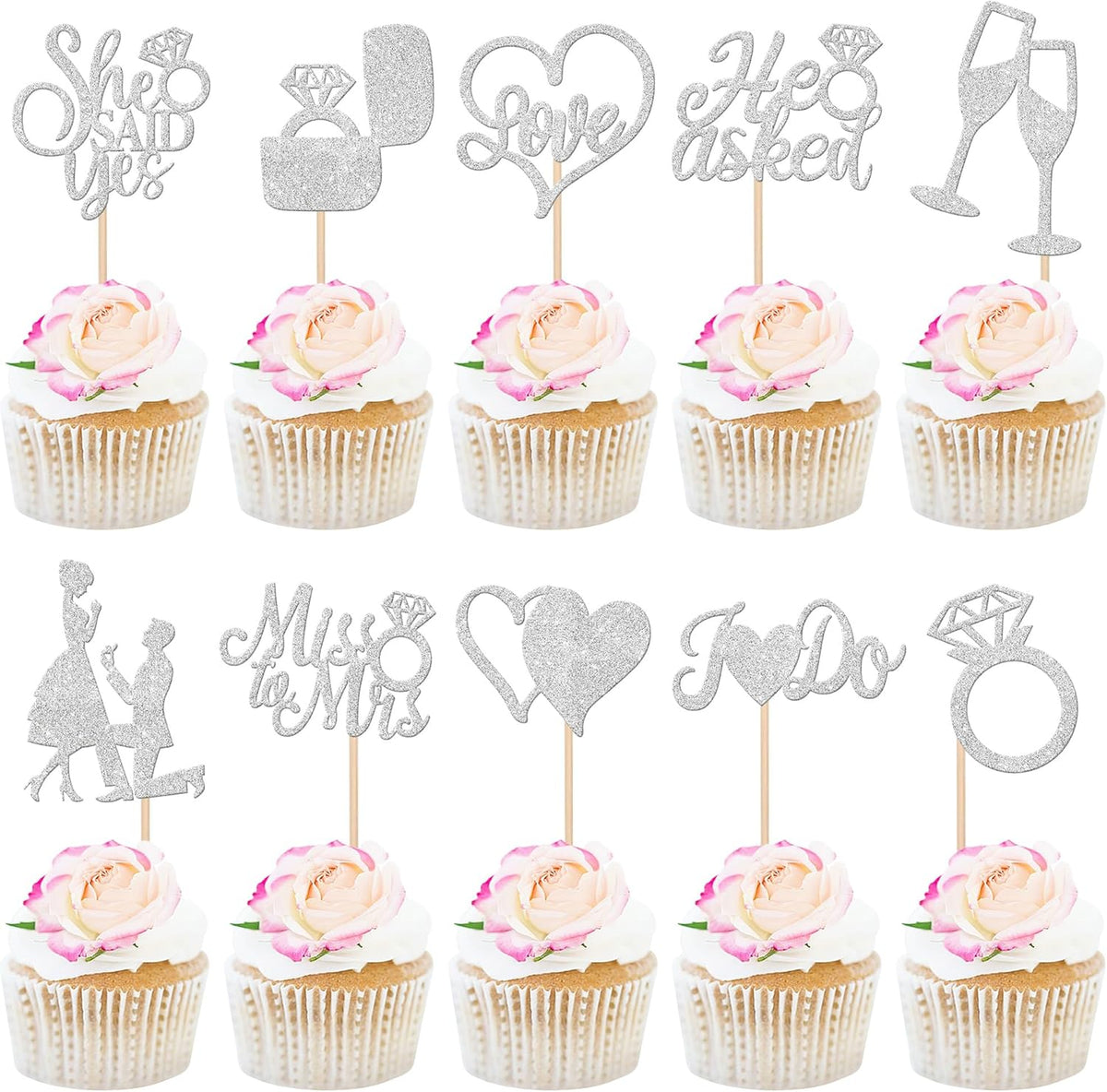 30 PCS He Asked She Said Yes Cupcake Toppers Engagement Cupcake Toppers Miss to Mrs I Do Love Heart