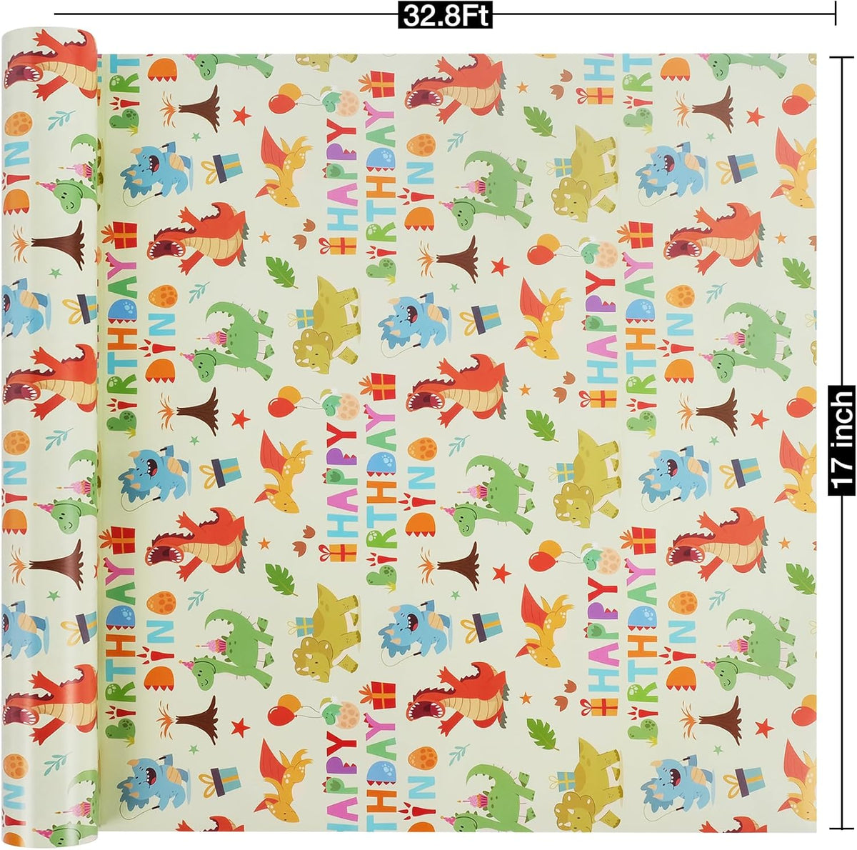 Aimyoo Dinosaur Birthday Wrapping Paper Roll - 17 Inch X 32.8 Feet - Green Happy Birthday Dino