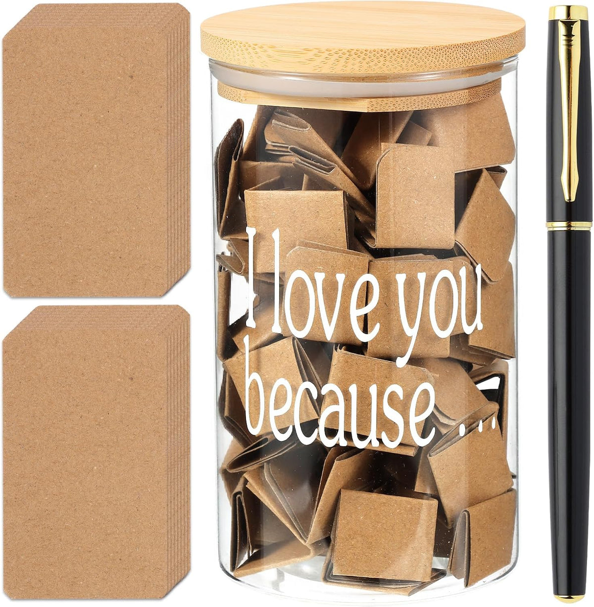 Love Notes Jar Love You Because Jar with 100 Note cards and 1 Pen, Christmas Anniversary Birthday