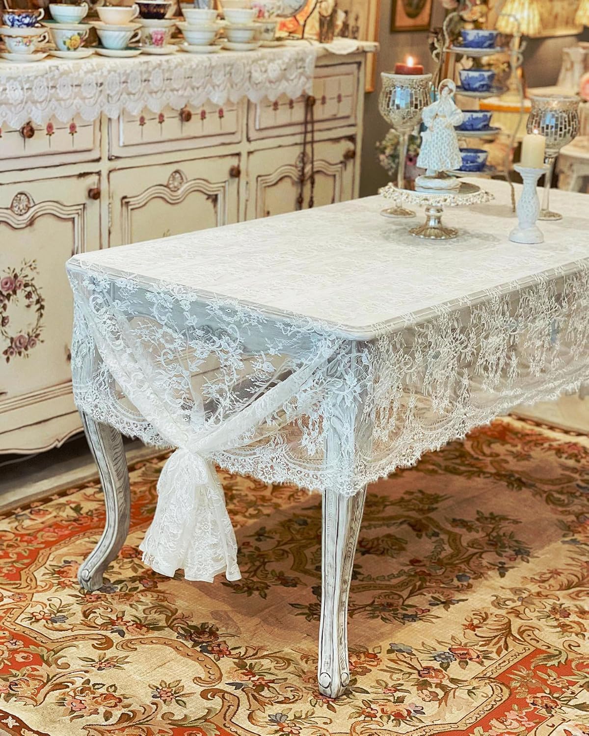 Lace Tablecloth White Wedding Tablecloths 60x120 Inch Vintage Rustic Farmhouse Table Fabric for