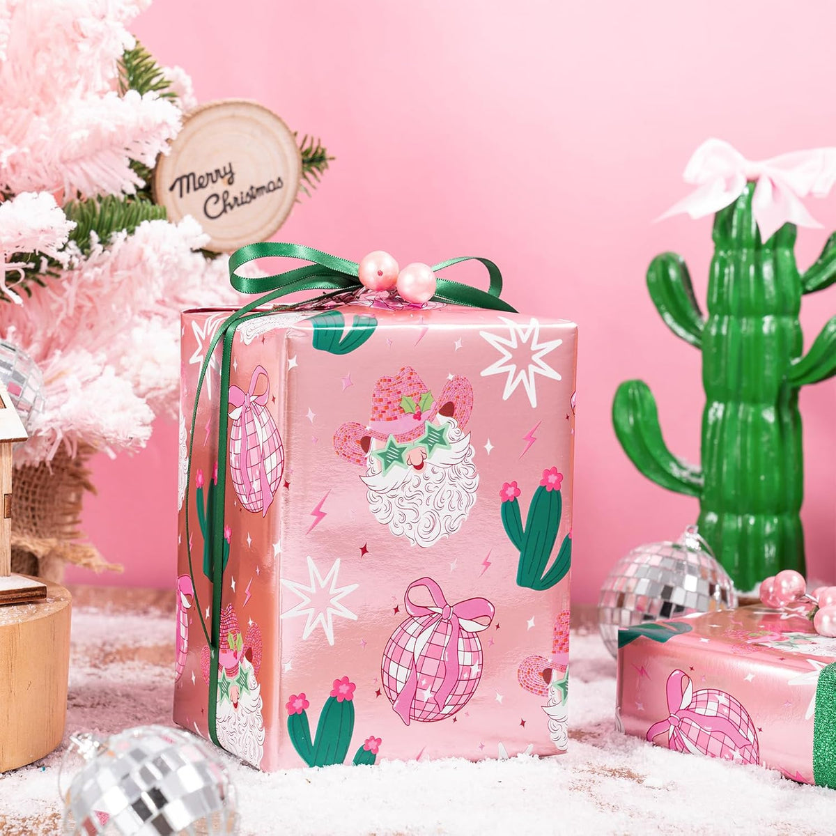 LeZakaa Pink Christmas Wrapping Paper Roll for Girls Women, Santa Disco Ball Cactus Design, Rose