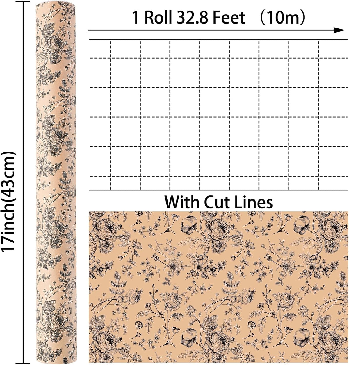 Ulmasinn Kraft Floral Wrapping Paper Roll - 17 Inches x 33 Feet - Vintage Black Floral Design with
