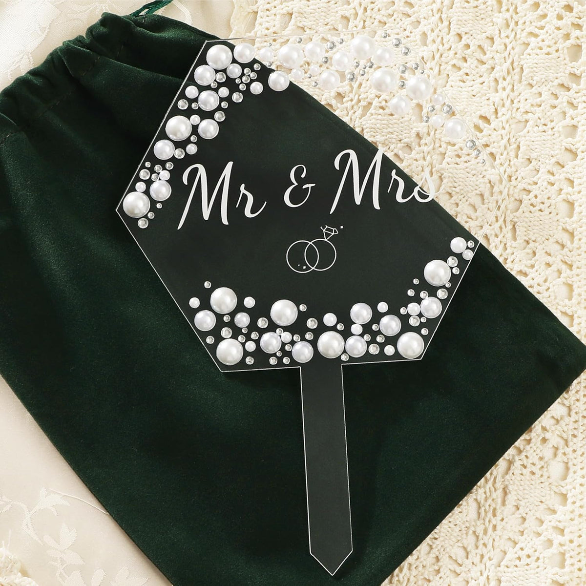 Coucoland Mr and Mrs Cake Topper - Hexagon Wedding Cake Decor with Rhinestones and Pearls for